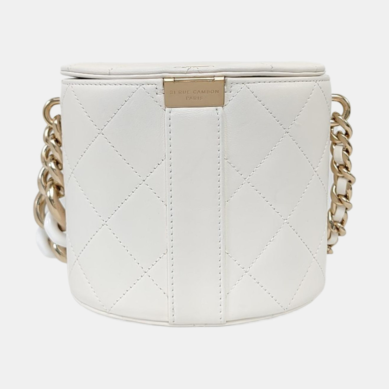 CHANEL ROUND VANITY White Calfskin Quilted Cannage Makeup Bag Shoulder Bag Tote Bag Crossbody Bag 29K Gold Hardware-(SKU)-962516521