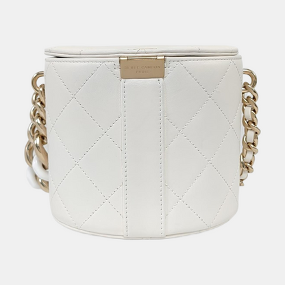 CHANEL ROUND VANITY White Calfskin Quilted Cannage Makeup Bag Shoulder Bag Tote Bag Crossbody Bag 29K Gold Hardware-(SKU)-962516521