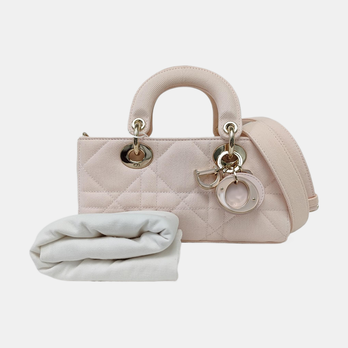 DIOR Lady D-Joy Light Pink Canvas Cannage Quilted Shoulder Bag Tote Crossbody Bag with Detachable Strap-(SKU)-962517480