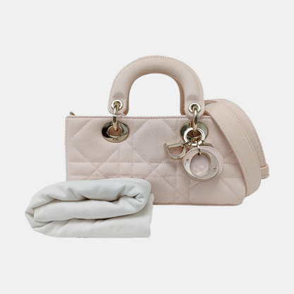 DIOR Lady D-Joy Light Pink Canvas Cannage Quilted Shoulder Bag Tote Crossbody Bag with Detachable Strap-(SKU)-962517480