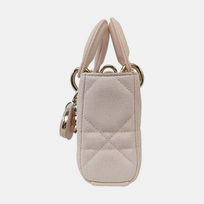 DIOR Lady D-Joy Light Pink Canvas Cannage Quilted Shoulder Bag Tote Crossbody Bag with Detachable Strap-(SKU)-962517480
