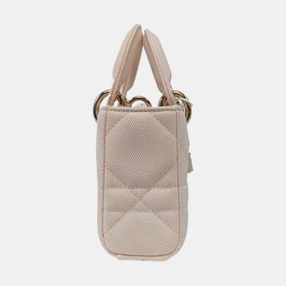 DIOR Lady D-Joy Light Pink Canvas Cannage Quilted Shoulder Bag Tote Crossbody Bag with Detachable Strap-(SKU)-962517480