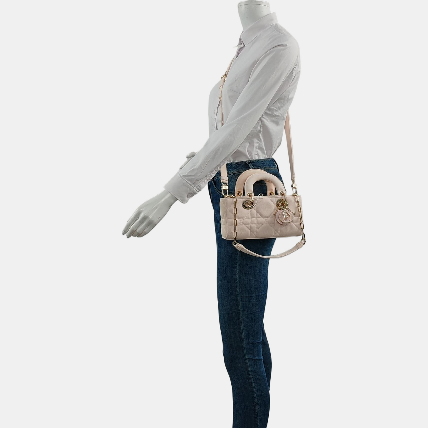 DIOR Lady D-Joy Light Pink Canvas Cannage Quilted Shoulder Bag Tote Crossbody Bag with Detachable Strap-(SKU)-962517480