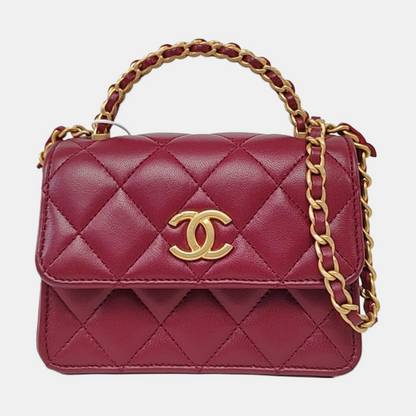 CHANEL KELLY Small Size Burgundy Lamb Leather Quilted Chain Shoulder Bag Handbag Crossbody Bag Gold Hardware-(SKU)-962515826