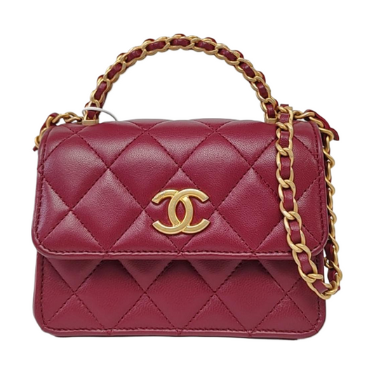 CHANEL KELLY Small Size Burgundy Lamb Leather Quilted Chain Shoulder Bag Handbag Crossbody Bag Gold Hardware-(SKU)-962515826