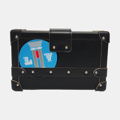 LOUIS VUITTON PETITE MALLE Black Leather Embossed Crossbody Bag Handbag Single Shoulder Bag with Detachable Strap and Silver Hardware-(SKU)-962638559