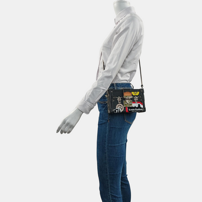 LOUIS VUITTON PETITE MALLE Black Leather Embossed Crossbody Bag Handbag Single Shoulder Bag with Detachable Strap and Silver Hardware-(SKU)-962638559