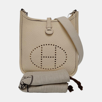HERMÈS Evelyne TPM cream white Clemence leather perforated Evelyne crossbody bag shoulder bag removable shoulder strap-(SKU)-962616026