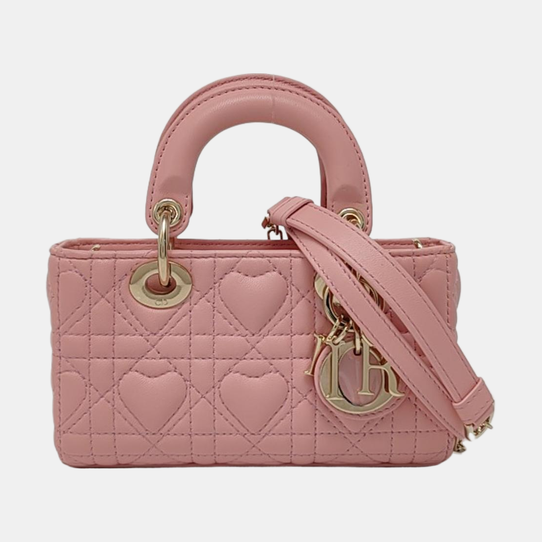 DIOR Lady D-Joy Super Mini Pink Lamb Skin Wicker Stitched Crossbody Shoulder Bag Handbag Tote Bag Golden Hardware 2 Removable Straps-(SKU)-962810919