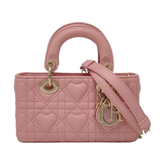 DIOR Lady D-Joy Super Mini Pink Lamb Skin Wicker Stitched Crossbody Shoulder Bag Handbag Tote Bag Golden Hardware 2 Removable Straps-(SKU)-962810919
