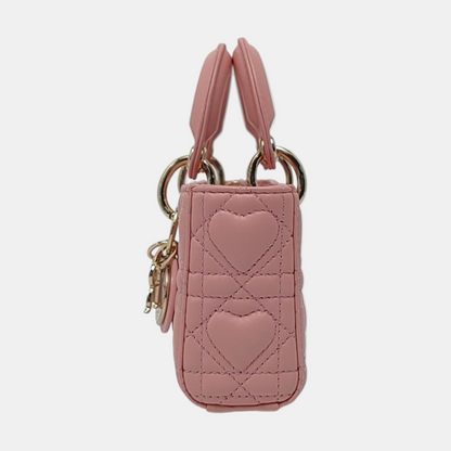 DIOR Lady D-Joy Super Mini Pink Lamb Skin Wicker Stitched Crossbody Shoulder Bag Handbag Tote Bag Golden Hardware 2 Removable Straps-(SKU)-962810919