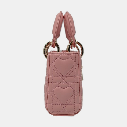 DIOR Lady D-Joy Super Mini Pink Lamb Skin Wicker Stitched Crossbody Shoulder Bag Handbag Tote Bag Golden Hardware 2 Removable Straps-(SKU)-962810919