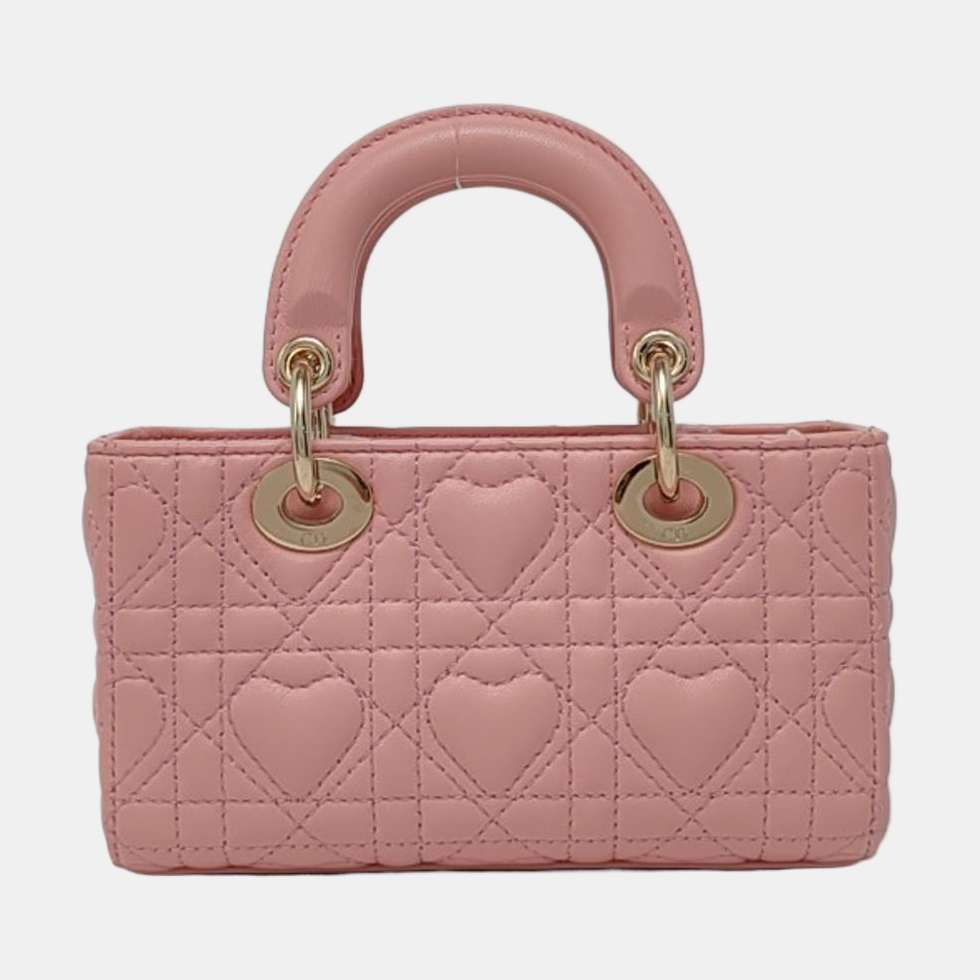 DIOR Lady D-Joy Super Mini Pink Lamb Skin Wicker Stitched Crossbody Shoulder Bag Handbag Tote Bag Golden Hardware 2 Removable Straps-(SKU)-962810919