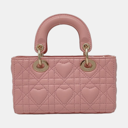 DIOR Lady D-Joy Super Mini Pink Lamb Skin Wicker Stitched Crossbody Shoulder Bag Handbag Tote Bag Golden Hardware 2 Removable Straps-(SKU)-962810919