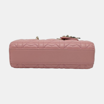 DIOR Lady D-Joy Super Mini Pink Lamb Skin Wicker Stitched Crossbody Shoulder Bag Handbag Tote Bag Golden Hardware 2 Removable Straps-(SKU)-962810919