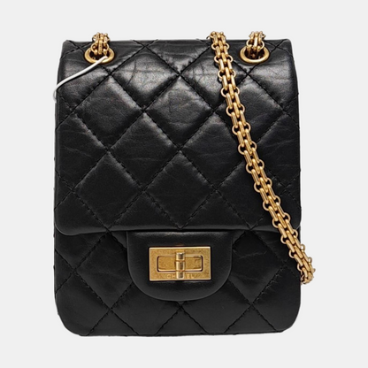 CHANEL 2.55 Black Leather Quilted Chain Shoulder Bag with Gold Hardware, 30 Clasps-(SKU)-963142533