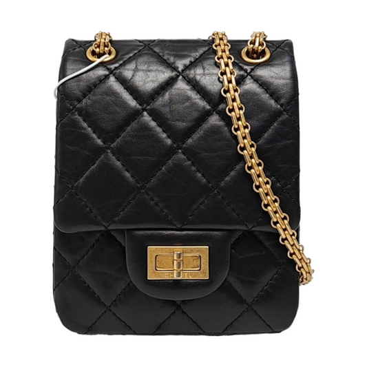CHANEL 2.55 Black Leather Quilted Chain Shoulder Bag with Gold Hardware, 30 Clasps-(SKU)-963142533