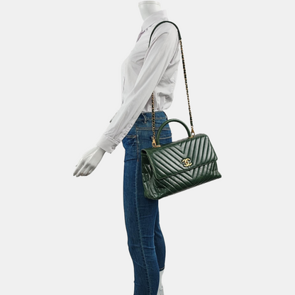CHANEL COCO HANDLE Large Green Calfskin Quilted V Pattern Single Shoulder Bag Handbag Detachable Strap-(SKU)-963065464