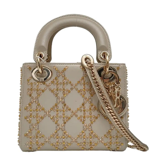 DIOR Lady Dior mini champagne lamb skin Cannage pattern three-compartment crossbody bag, shoulder bag with gold hardware and detachable strap-(SKU)-963332269