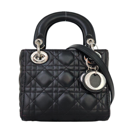 DIOR Lady Dior Mini Black Lamb Leather Cannage Quilted Three Compartment Shoulder Bag Handbag Silver Hardware Detachable Shoulder Strap-(SKU)-950485432