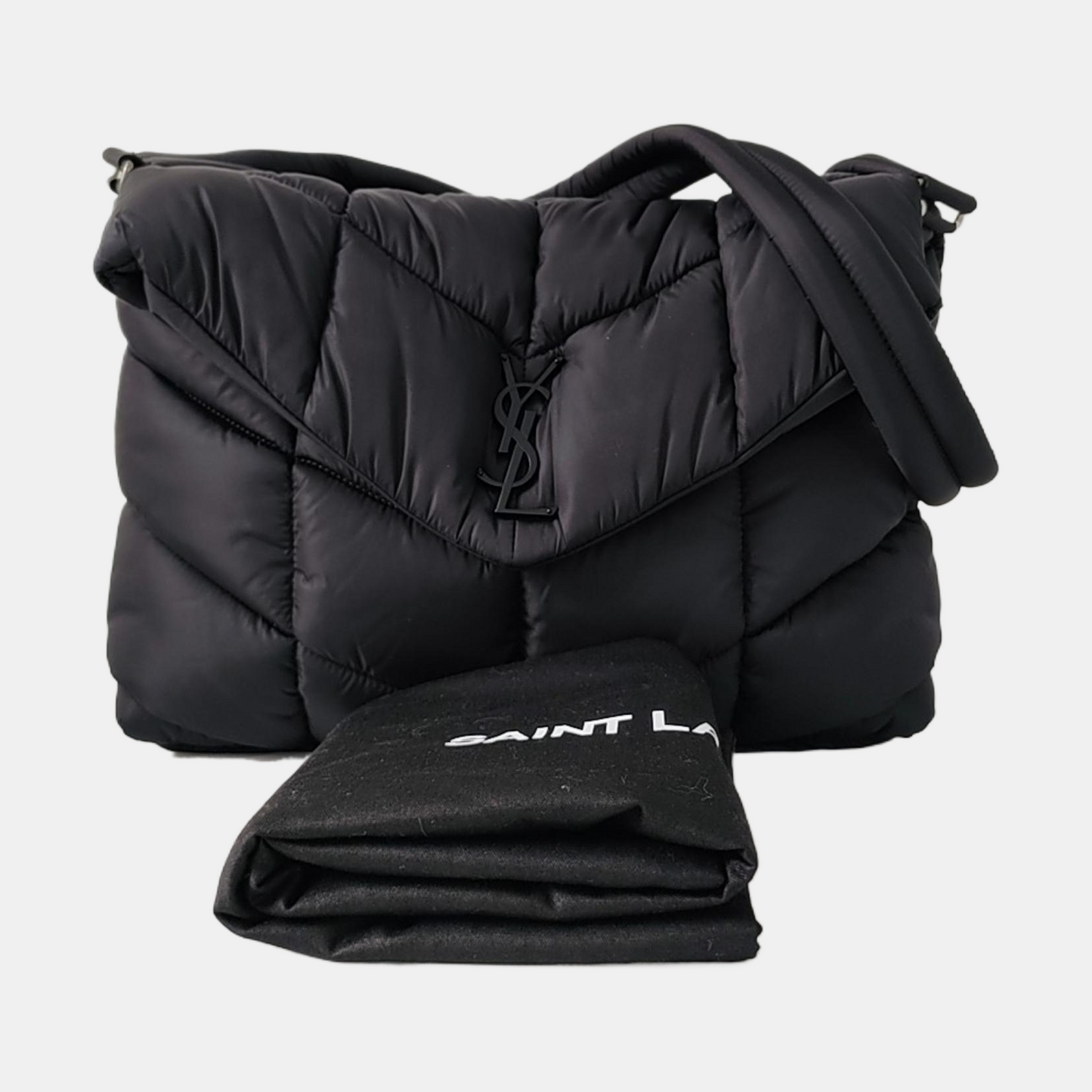 YSL PUFFER Black Fabric Quilted Single Shoulder Bag Crossbody Bag with Silver Black Hardware-(SKU)-963226135