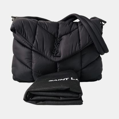 YSL PUFFER Black Fabric Quilted Single Shoulder Bag Crossbody Bag with Silver Black Hardware-(SKU)-963226135