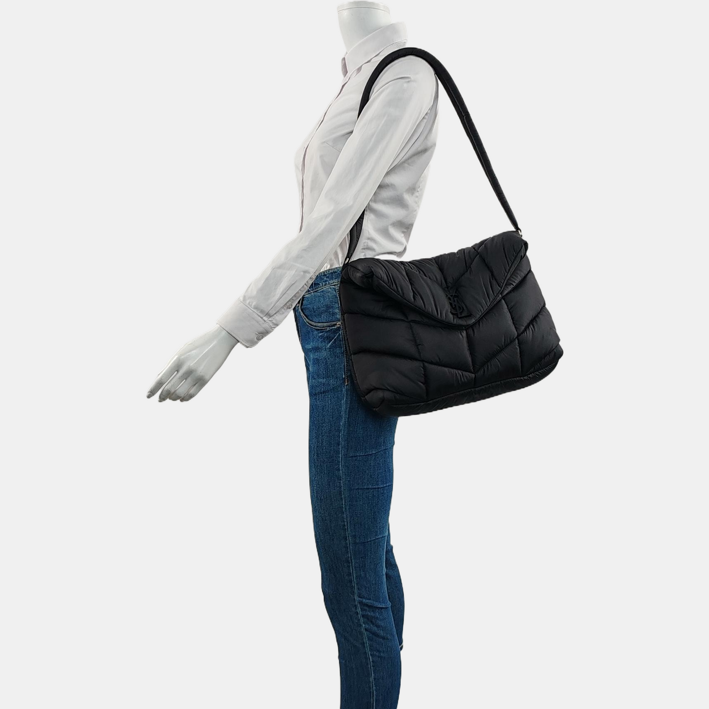 YSL PUFFER Black Fabric Quilted Single Shoulder Bag Crossbody Bag with Silver Black Hardware-(SKU)-963226135