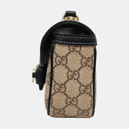 GUCCI Horsebit 1955 Small Size Beige Coated Canvas Monogram Horsebit Shoulder Bag Handbag Removable Strap Light Gold Hardware Complete Accessories-(SKU)-963431275