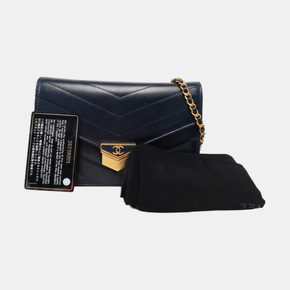 CHANEL MEDAL ENVELOPE Dark Blue Calfskin Quilted V-Shape Shoulder Bag with Gold Hardware-(SKU)-963604002