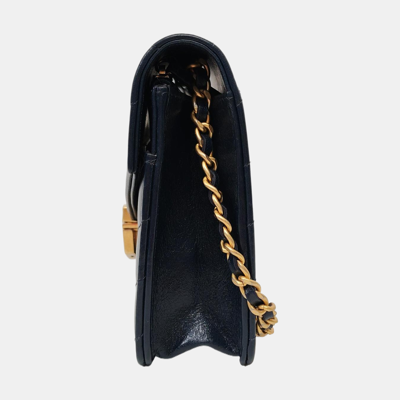 CHANEL MEDAL ENVELOPE Dark Blue Calfskin Quilted V-Shape Shoulder Bag with Gold Hardware-(SKU)-963604002