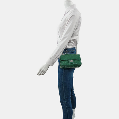 CHANEL 2.55 Small Green Patent Leather Quilted Chain Shoulder Bag with Silver Hardware, 14 Clasps-(SKU)-963604187