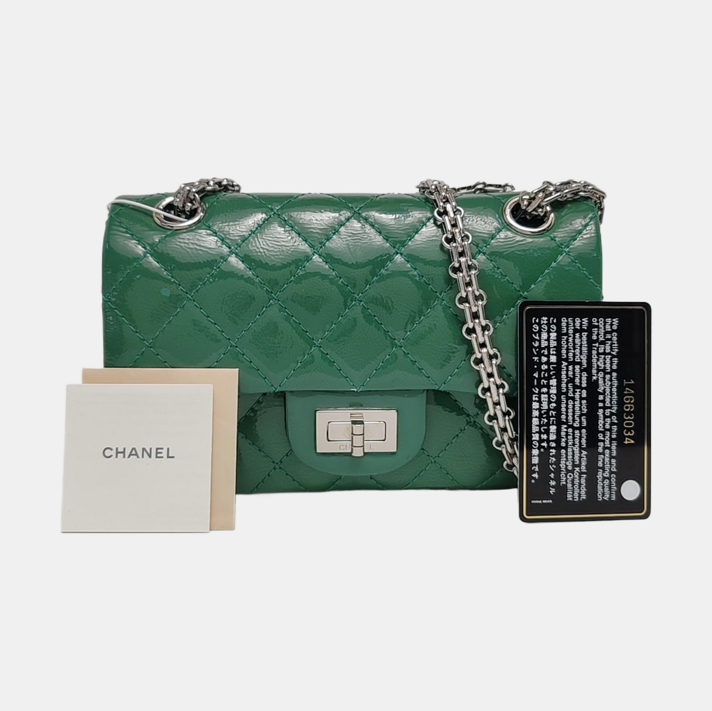 CHANEL 2.55 Small Green Patent Leather Quilted Chain Shoulder Bag with Silver Hardware, 14 Clasps-(SKU)-963604187