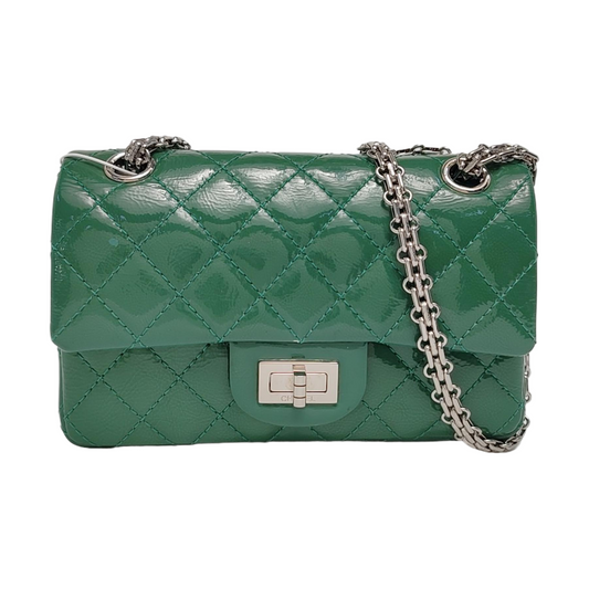 CHANEL 2.55 Small Green Patent Leather Quilted Chain Shoulder Bag with Silver Hardware, 14 Clasps-(SKU)-963604187