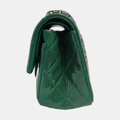CHANEL 2.55 Small Green Patent Leather Quilted Chain Shoulder Bag with Silver Hardware, 14 Clasps-(SKU)-963604187