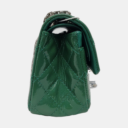 CHANEL 2.55 Small Green Patent Leather Quilted Chain Shoulder Bag with Silver Hardware, 14 Clasps-(SKU)-963604187