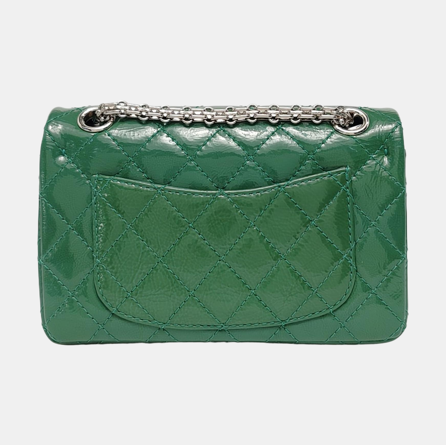 CHANEL 2.55 Small Green Patent Leather Quilted Chain Shoulder Bag with Silver Hardware, 14 Clasps-(SKU)-963604187