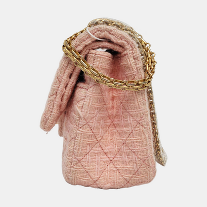 CHANEL 2.55 Small Light Pink Fabric Quilted Chain Shoulder Bag Crossbody Bag with Gold Hardware 23 Clasp-(SKU)-960446788