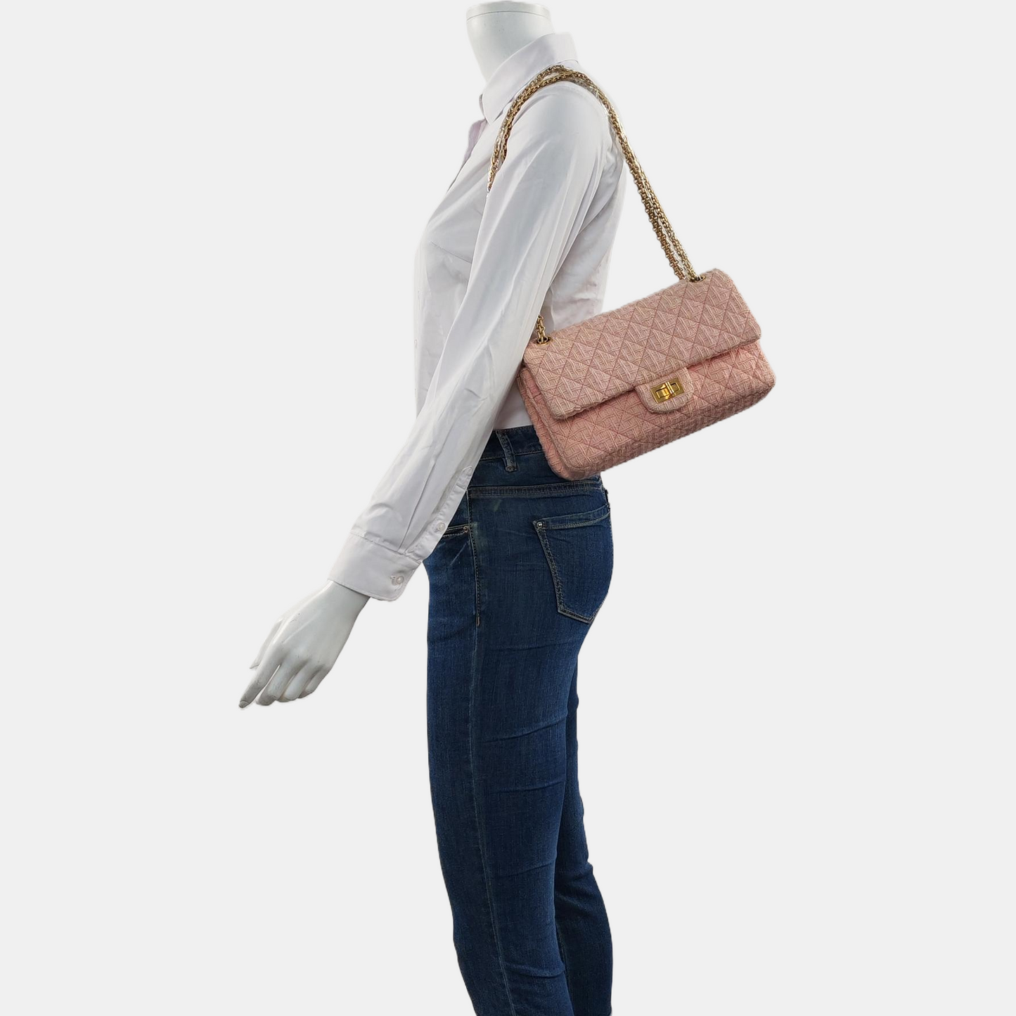 CHANEL 2.55 Small Light Pink Fabric Quilted Chain Shoulder Bag Crossbody Bag with Gold Hardware 23 Clasp-(SKU)-960446788