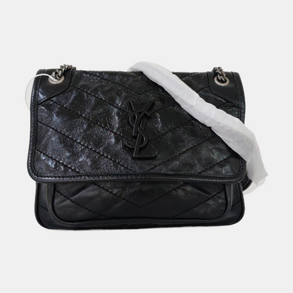 YSL NIKI Mini Black Leather Quilted V-Shape Shoulder Bag with Black Ruthenium Hardware-(SKU)-963404190