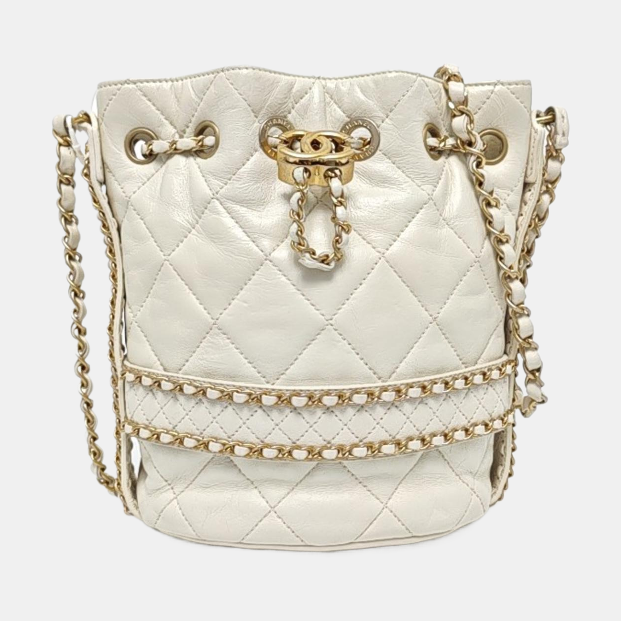 CHANEL DRAWSTRING Large White Lamb Leather Quilted Shoulder Bag with Removable Strap-(SKU)-963594078
