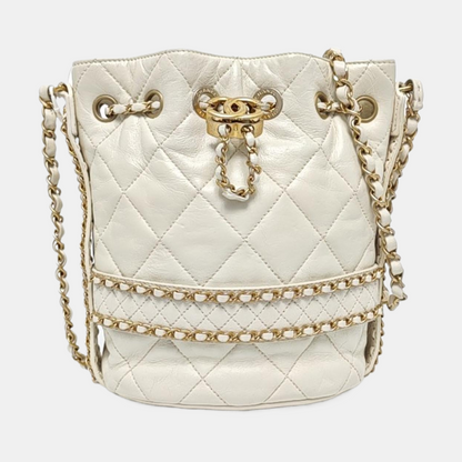 CHANEL DRAWSTRING Large White Lamb Leather Quilted Shoulder Bag with Removable Strap-(SKU)-963594078