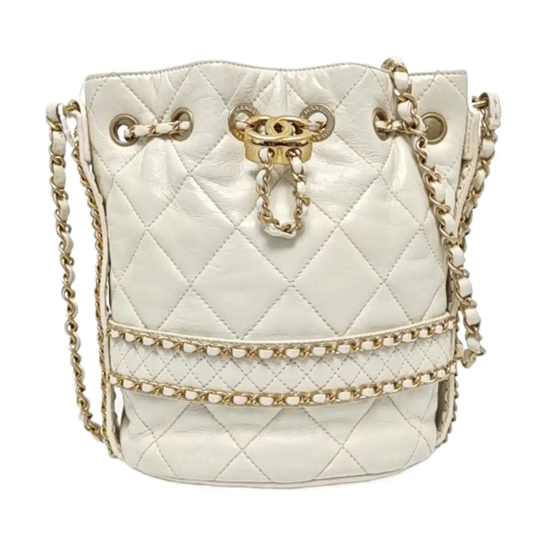 CHANEL DRAWSTRING Large White Lamb Leather Quilted Shoulder Bag with Removable Strap-(SKU)-963594078