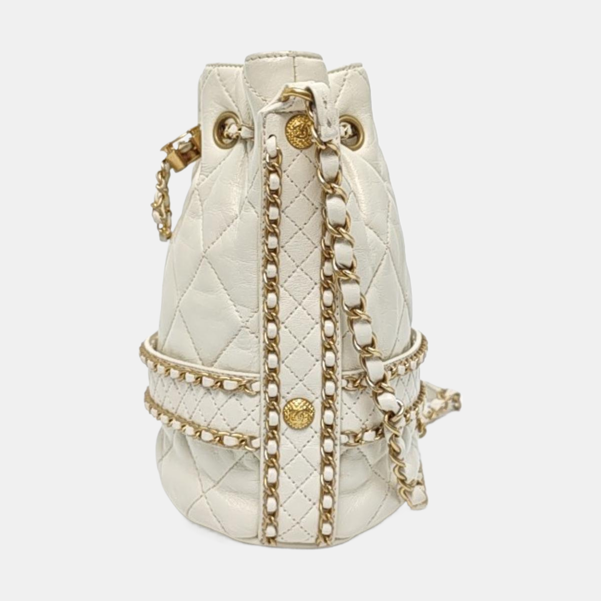 CHANEL DRAWSTRING Large White Lamb Leather Quilted Shoulder Bag with Removable Strap-(SKU)-963594078
