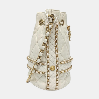 CHANEL DRAWSTRING Large White Lamb Leather Quilted Shoulder Bag with Removable Strap-(SKU)-963594078