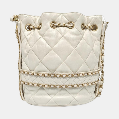 CHANEL DRAWSTRING Large White Lamb Leather Quilted Shoulder Bag with Removable Strap-(SKU)-963594078