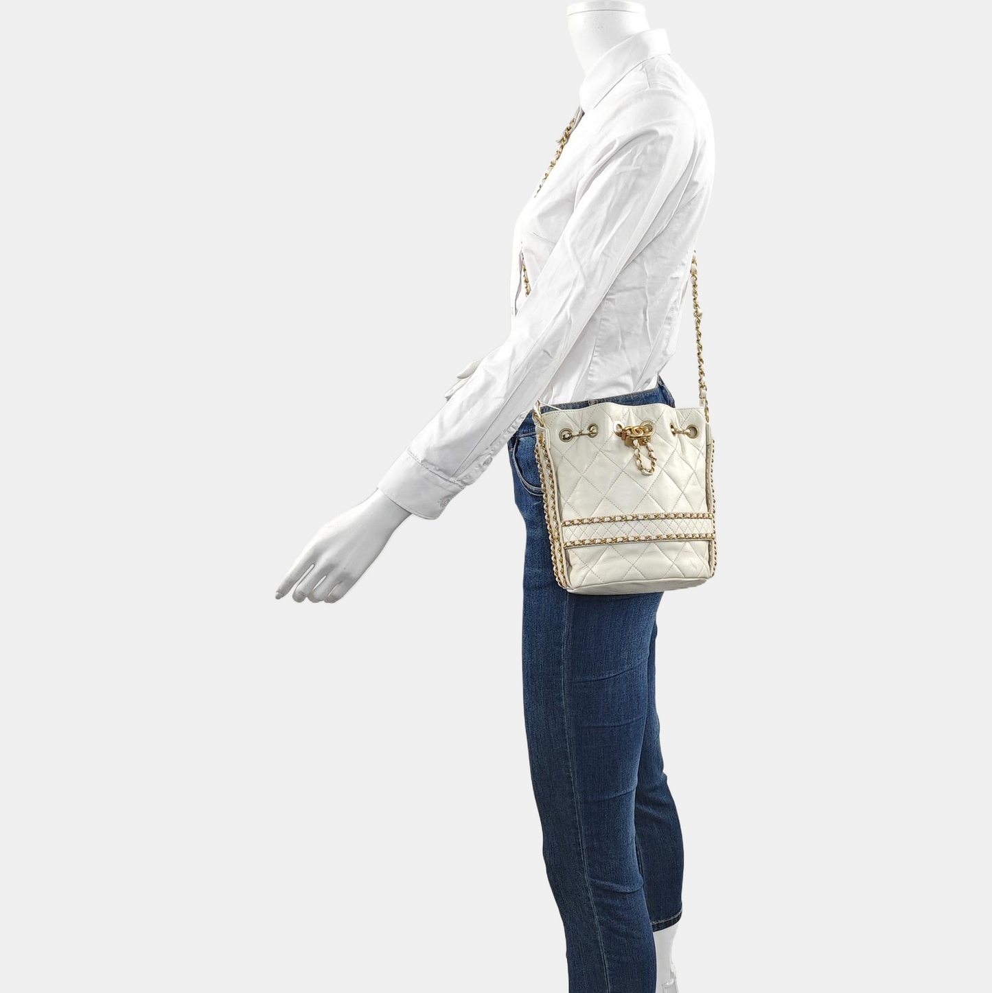 CHANEL DRAWSTRING Large White Lamb Leather Quilted Shoulder Bag with Removable Strap-(SKU)-963594078