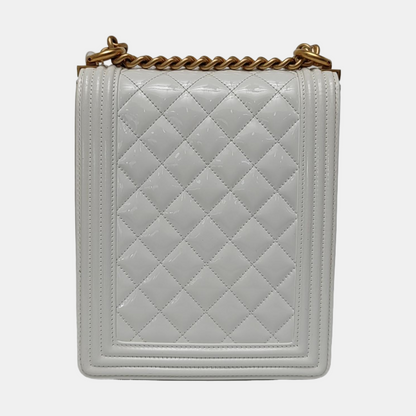 CHANEL BOY CHANEL White Patent Leather Quilted Shoulder Bag Crossbody Bag Gold Hardware 26 Clasp Detachable Strap-(SKU)-963892900