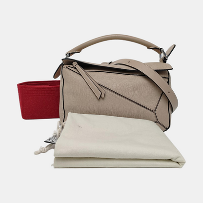 LOEWE Puzzle Small Khaki Calfskin Embossed Geometric Bag, Crossbody, Shoulder Bag, and Tote with Silver Hardware Removable Strap-(SKU)-963859842