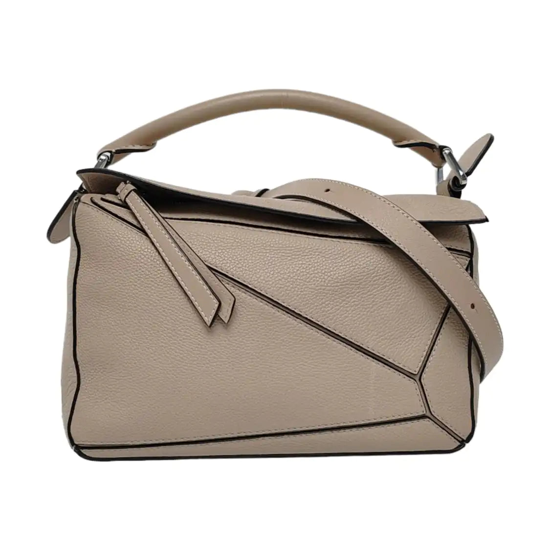 LOEWE Puzzle Small Khaki Calfskin Embossed Geometric Bag, Crossbody, Shoulder Bag, and Tote with Silver Hardware Removable Strap-(SKU)-963859842