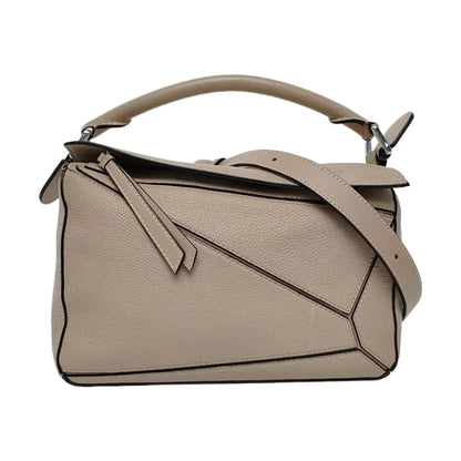 LOEWE Puzzle Small Khaki Calfskin Embossed Geometric Bag, Crossbody, Shoulder Bag, and Tote with Silver Hardware Removable Strap-(SKU)-963859842